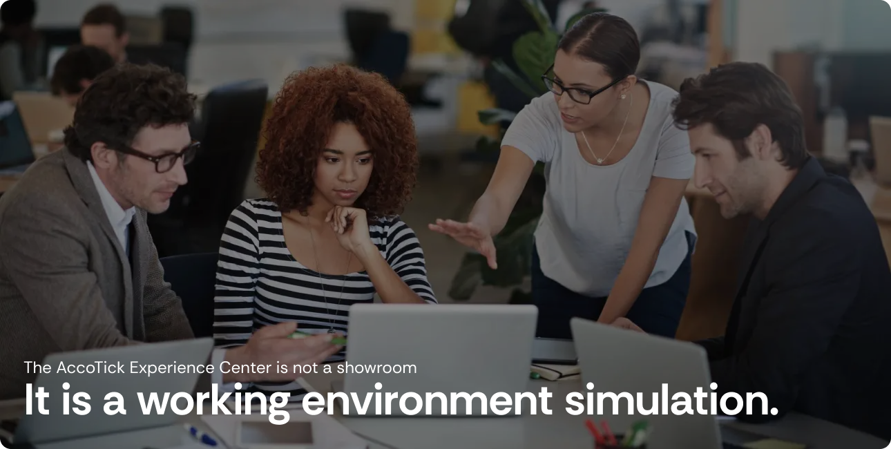 Team collaborating around laptops in a working environment